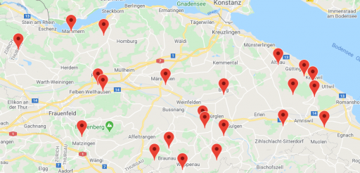 Karte mit Standorten der Thurgauer Beerenproduzenten 
